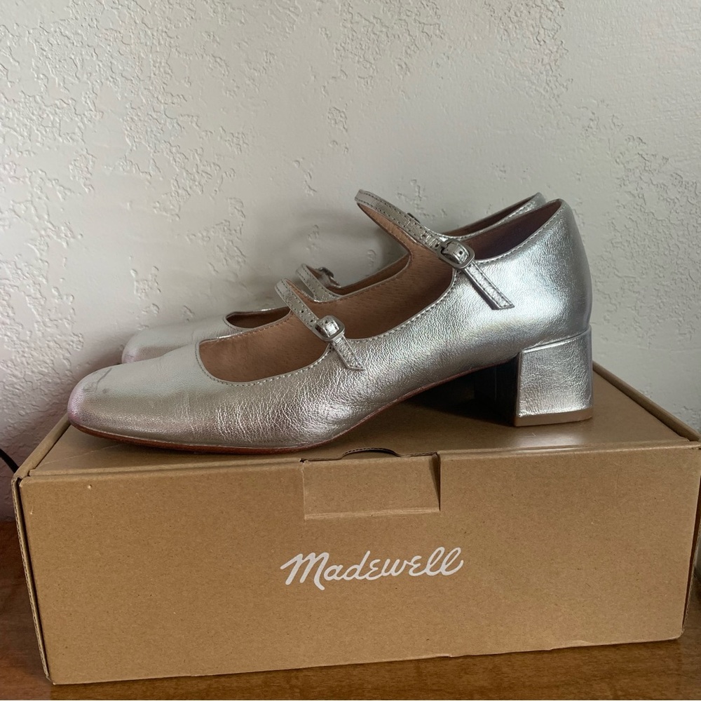 Madewell Womens Silver Leather Metallic Block Heel Mary Jane Nettie Heels Shoes